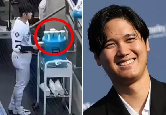 미국 메이저리그 슈퍼스타 오타니 쇼헤이(30, LA 다저스)가 동료들이 마실 음료 8잔을 담는 모습(왼쪽). 댄 클라크 엑스 캡처