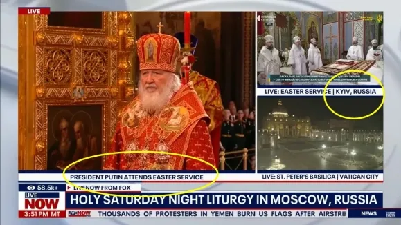 미국 폭스뉴스가 부활절 미사 소식을 전하는 뉴스에서 키이우를 러시아 영토로 잘못 표기했다. 폭스뉴스 캡처