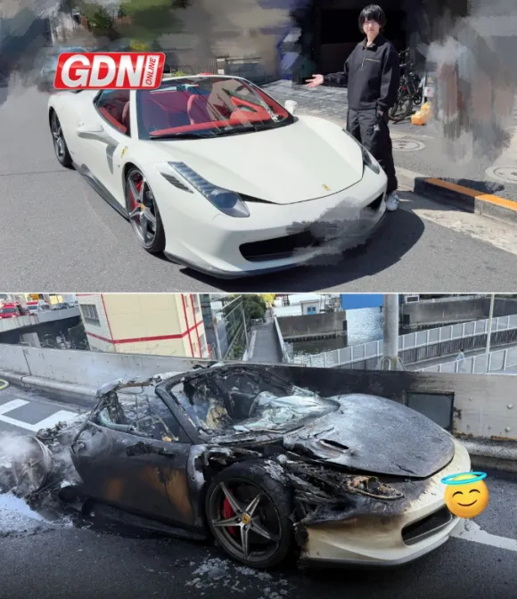 일본의 한 남성이 무려 10년간 돈을 모아 산 ‘드림카’ 페라리가 고작 1시간 만에 잿더미가 됐다고 밝혔다. 사진 위는 차량을 인수한 직후 모습, 아래는 화재 이후 모습. 엑스 캡처 일본의 한 남성이 무려 10년간 돈을 모아 산 ‘드림카’ 페라리가 고작 1시간 만에 잿더미가 됐다고 밝혔다. 사진 위는 차량을 인수한 직후 모습, 아래는 화재 이후 모습. 엑스 캡처