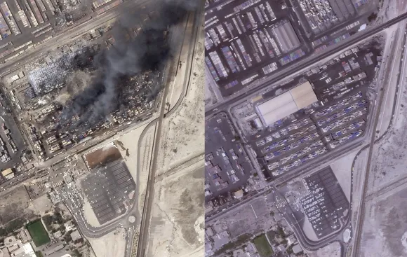 샤히드라자이 항구 폭발 사고가 있기 전(오른쪽)과 후의 위성 사진. AP-Planet Labs PBC