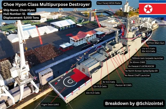 ‘북한판 이지스함’으로 불리는 최현함은 길이 142m, 폭 22m로 다양한 미사일을 발사할 수 있는 수직발사대 총 74개를 갖춰 동급 함선보다 많은 무장을 탑재할 수 있다. 출처=스키조인텔 엑스