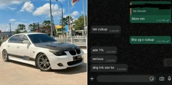 말레이시아의 중고차 딜러가 올린 BMW 차량(왼쪽), 이 차량을 사겠다고 제안한 여성 고객과의 대화 내용(오른쪽). 페이스북 캡처 말레이시아의 중고차 딜러가 올린 BMW 차량(왼쪽), 이 차량을 사겠다고 제안한 여성 고객과의 대화 내용(오른쪽). 페이스북 캡처