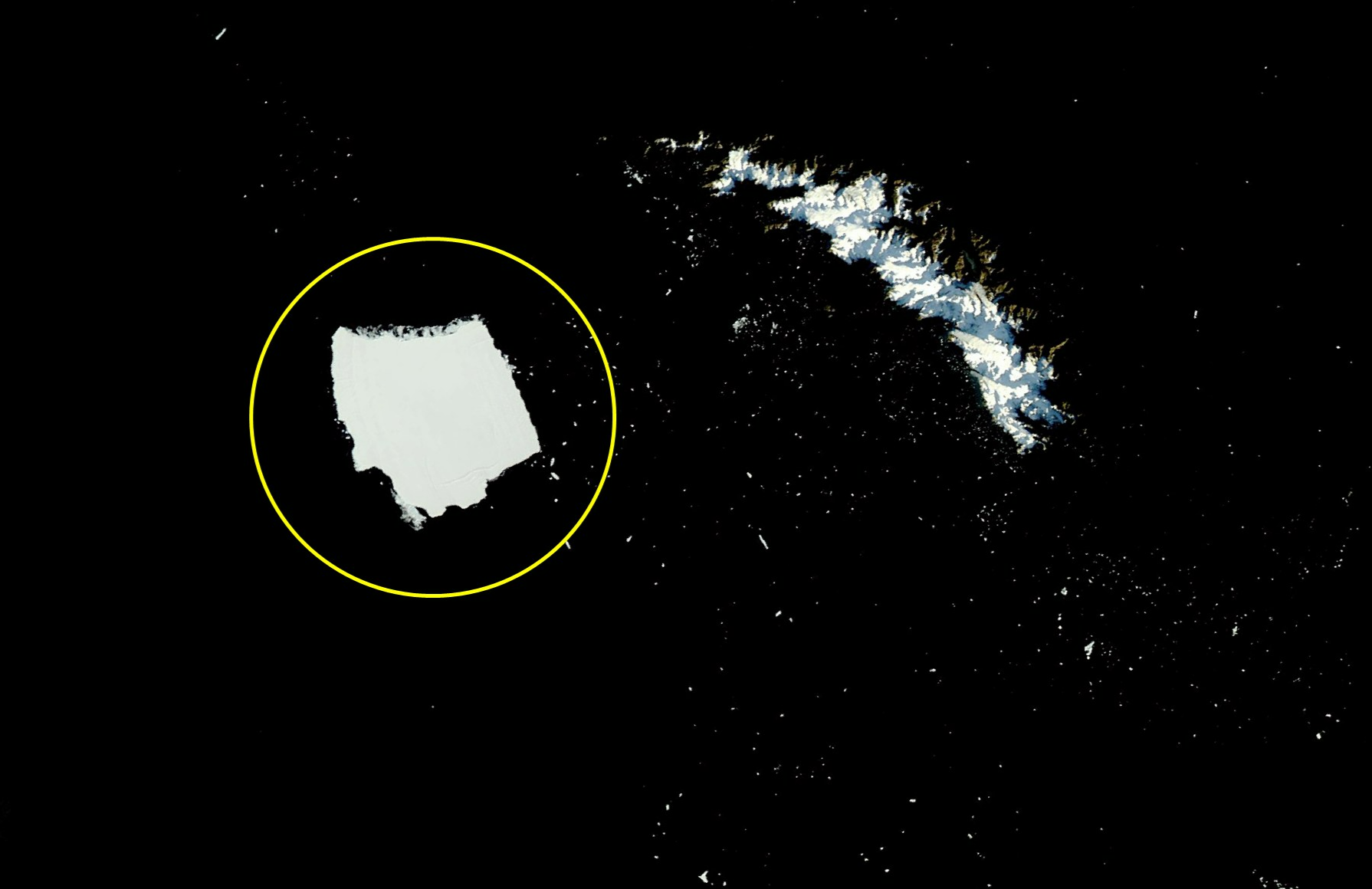 아쿠아 위성이 지난 3일 촬영한 A-23A 빙산(원 안)과 인근에 사우스조지아섬이 보인다. NASA Earth Observatory 아쿠아 위성이 지난 3일 촬영한 A-23A 빙산(원 안)과 인근에 사우스조지아섬이 보인다. NASA Earth Observatory