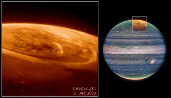 2023년 12월 25일 웹 망원경의 NIRCam(근적외선 카메라)으로 촬영된 목성 오로라. 사진=NASA, ESA, CSA, STScI, Ricardo Hueso (UPV), Imke de Pater (UC Berkeley), Thierry Fouchet (Observatory of Paris), Leigh Fletcher (University of Leicester), Michael H. Wong (UC Berkeley), Joseph DePasquale (STScI), J. Nichols (University of Leicester), M. Zamani (ESA/Webb) 2023년 12월 25일 웹 망원경의 NIRCam(근적외선 카메라)으로 촬영된 목성 오로라. 사진=NASA, ESA, CSA, STScI, Ricardo Hueso (UPV), Imke de Pater (UC Berkeley), Thierry Fouchet (Observatory of Paris), Leigh Fletcher (University of Leicester), Michael H. Wong (UC Berkeley), Joseph DePasquale (STScI), J. Nichols (University of Leicester), M. Zamani (ESA/Webb)