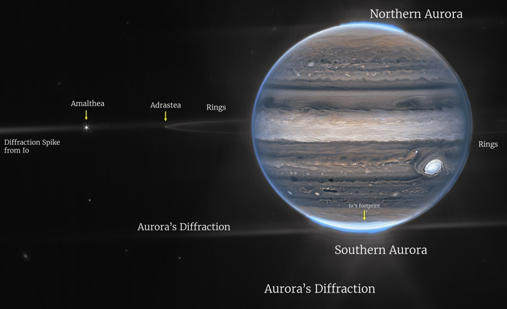 JWST가 포착한 목성과 고리, 위성들의 모습. 사진=NASA, ESA, CSA, Jupiter ERS Team; image processing by Ricardo Hueso (UPV/EHU) and Judy Schmidt. JWST가 포착한 목성과 고리, 위성들의 모습. 사진=NASA, ESA, CSA, Jupiter ERS Team; image processing by Ricardo Hueso (UPV/EHU) and Judy Schmidt.