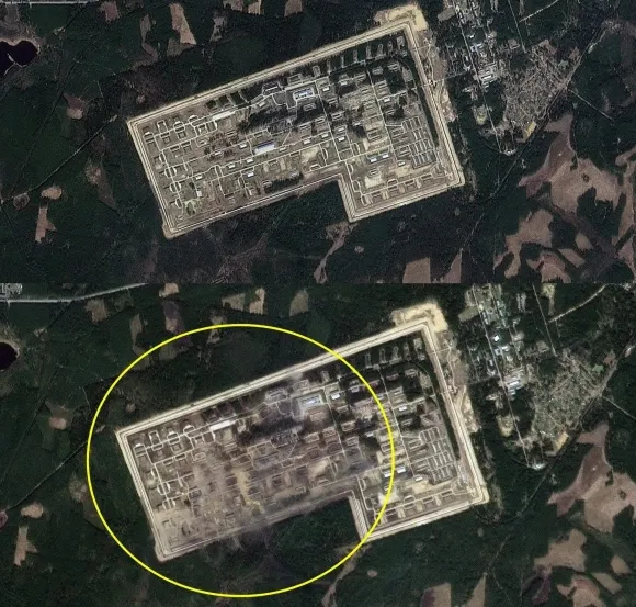위성으로 본 러시아 탄약고 폭발 전인 지난달 20일(위)과 24일 모습. Planet Labs 위성으로 본 러시아 탄약고 폭발 전인 지난달 20일(위)과 24일 모습. Planet Labs