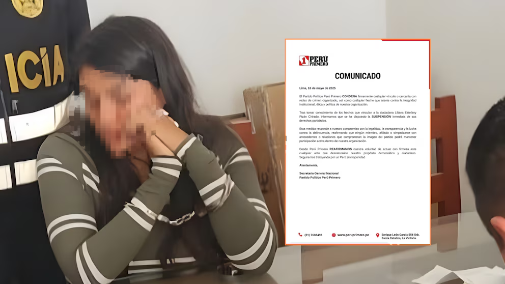 페루 광부학살사건의 주범과 연루된 것으로 알려진 변호사이자 사회활동가 릴리아나 에스테파니 피잔 치라도가 경찰에 붙잡혔다. 오른쪽 문서는 피잔이 소속된 페루제1당이 출당 조처를 한 서류. 출처=인포베