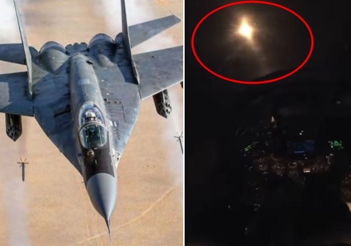 우크라이나 공군 미그(MiG)-29 전투기(왼쪽)가 야간 임무 중 러시아의 자폭 드론을 파괴하고 있다(오른쪽). 우크라이나 공군 페이스북 영상 캡처