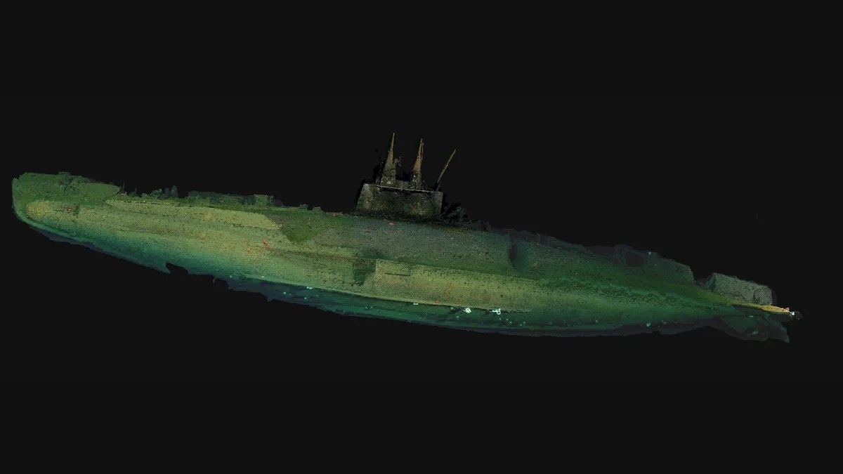 유인 잠수정 촬영 사진과 소나 데이터 등을 기반으로 제작된 USS F-1 모습. Woods Hole Oceanographic