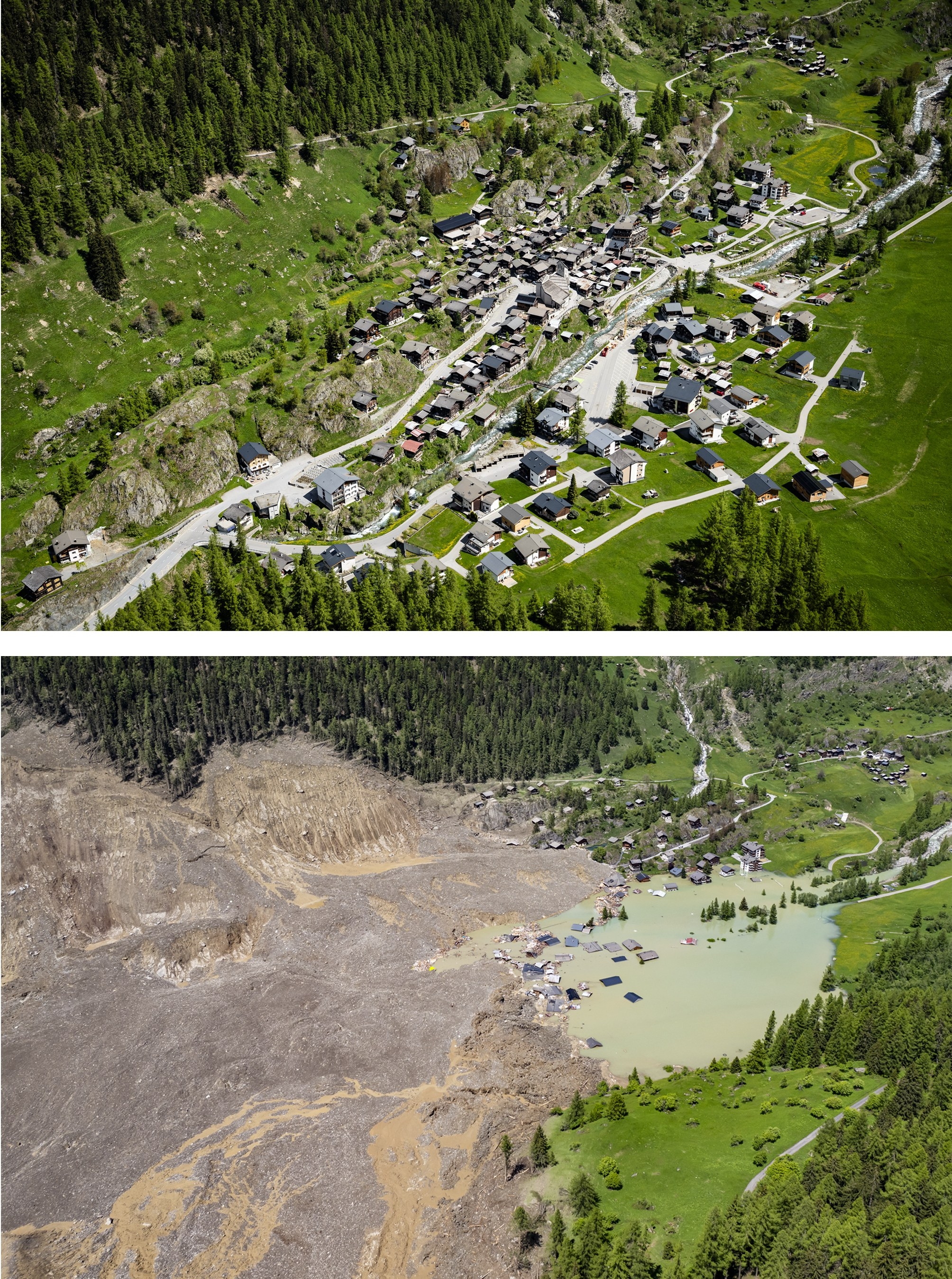 SWITZERLAND GLACIER COLLAPSE 지난달 23일(사진 위)과 산사태 다음날 촬영한 블라텐 마을 비교. EPA 연합뉴스 SWITZERLAND GLACIER COLLAPSE 지난달 23일(사진 위)과 산사태 다음날 촬영한 블라텐 마을 비교. EPA 연합뉴스