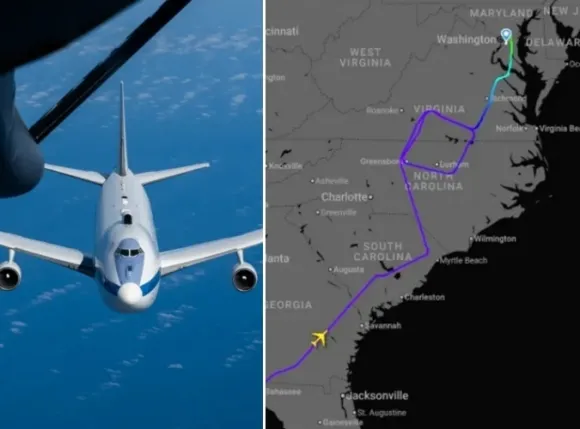 왼쪽은 ‘E-4B 나이트워치’(종말의 날 비행기) 자료사진, 오른쪽은 18일(현지시간) 루이지아내주를 출발해 워싱턴DC 근처의 메릴랜드주로 이동한 경로. 플라이트레이더24 제공 왼쪽은 ‘E-4B 나이트워치’(종말의 날 비행기) 자료사진, 오른쪽은 18일(현지시간) 루이지아내주를 출발해 워싱턴DC 근처의 메릴랜드주로 이동한 경로. 플라이트레이더24 제공