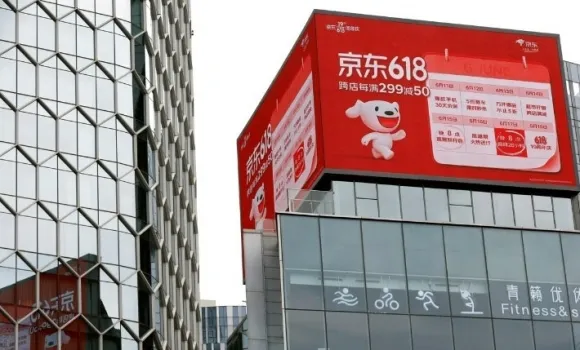 중국의 대표적 쇼핑 축제인 ‘6·18’을 홍보하는 온라인 플랫폼 징둥의 광고판. 연합뉴스