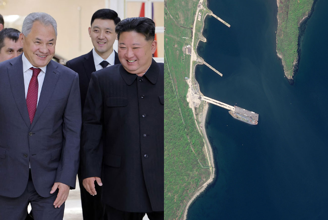 세르게이 쇼이구 러시아 국가안보회의 서기와 김정은 북한 국무위원장(왼쪽), 위성사진에는 지난해 북한군을 실어 나른 선박과 같은 유형의 수송선이 지난 5월 18일(현지시간) 러시아 블라디보스토크 인근 두나이 군항에 도착했다. 출처=KCNA·오픈소스 센터 에어버스 세르게이 쇼이구 러시아 국가안보회의 서기와 김정은 북한 국무위원장(왼쪽), 위성사진에는 지난해 북한군을 실어 나른 선박과 같은 유형의 수송선이 지난 5월 18일(현지시간) 러시아 블라디보스토크 인근 두나이 군항에 도착했다. 출처=KCNA·오픈소스 센터 에어버스