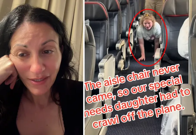 틱톡 사용자 수잔 그로브가 자신의 10대 딸이 아메리칸항공 비행기에서 휠체어 지원이 제공되지 않아 직접 통로를 기어 내려오는 모습을 공개했다. 틱톡 susangrove 캡처