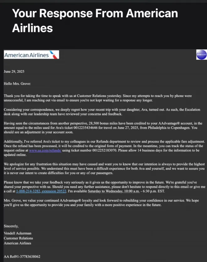 수잔 그로브가 아메리칸항공으로부터 받은 메일. 틱톡 susangrove 캡처