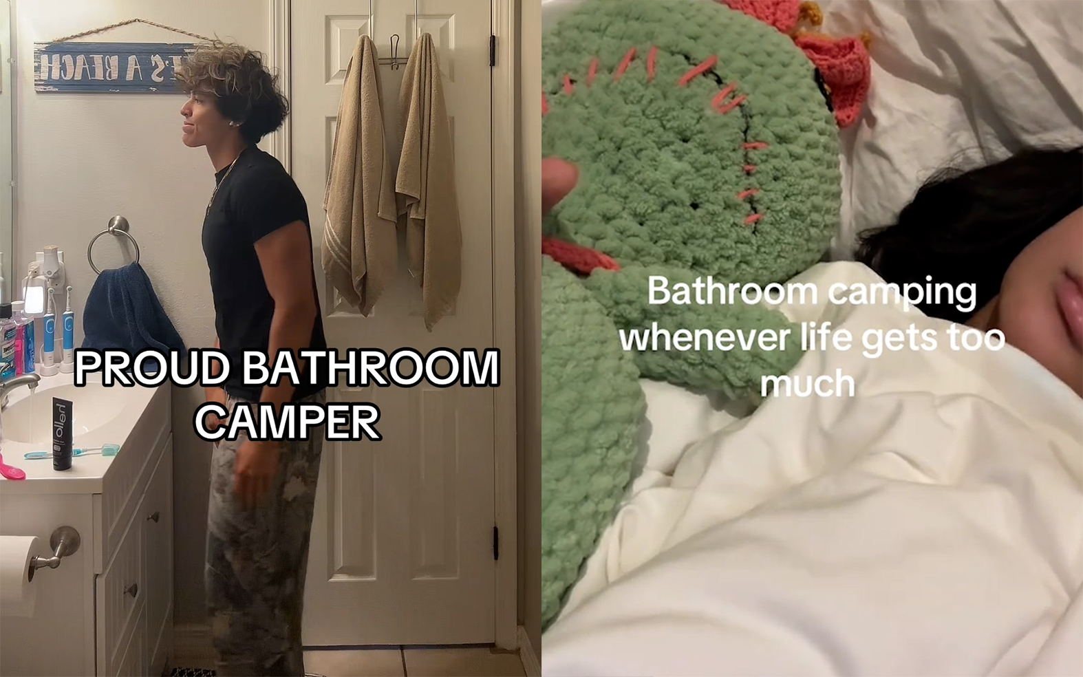 최근 소셜미디어(SNS) 틱톡을 중심으로 미국 Z세대 사이에서 ‘화장실 캠핑’(Bathroom Camping) 트렌드가 확산하고 있다. 틱톡 asfmonje, zazisdump 캡처 최근 소셜미디어(SNS) 틱톡을 중심으로 미국 Z세대 사이에서 ‘화장실 캠핑’(Bathroom Camping) 트렌드가 확산하고 있다. 틱톡 asfmonje, zazisdump 캡처