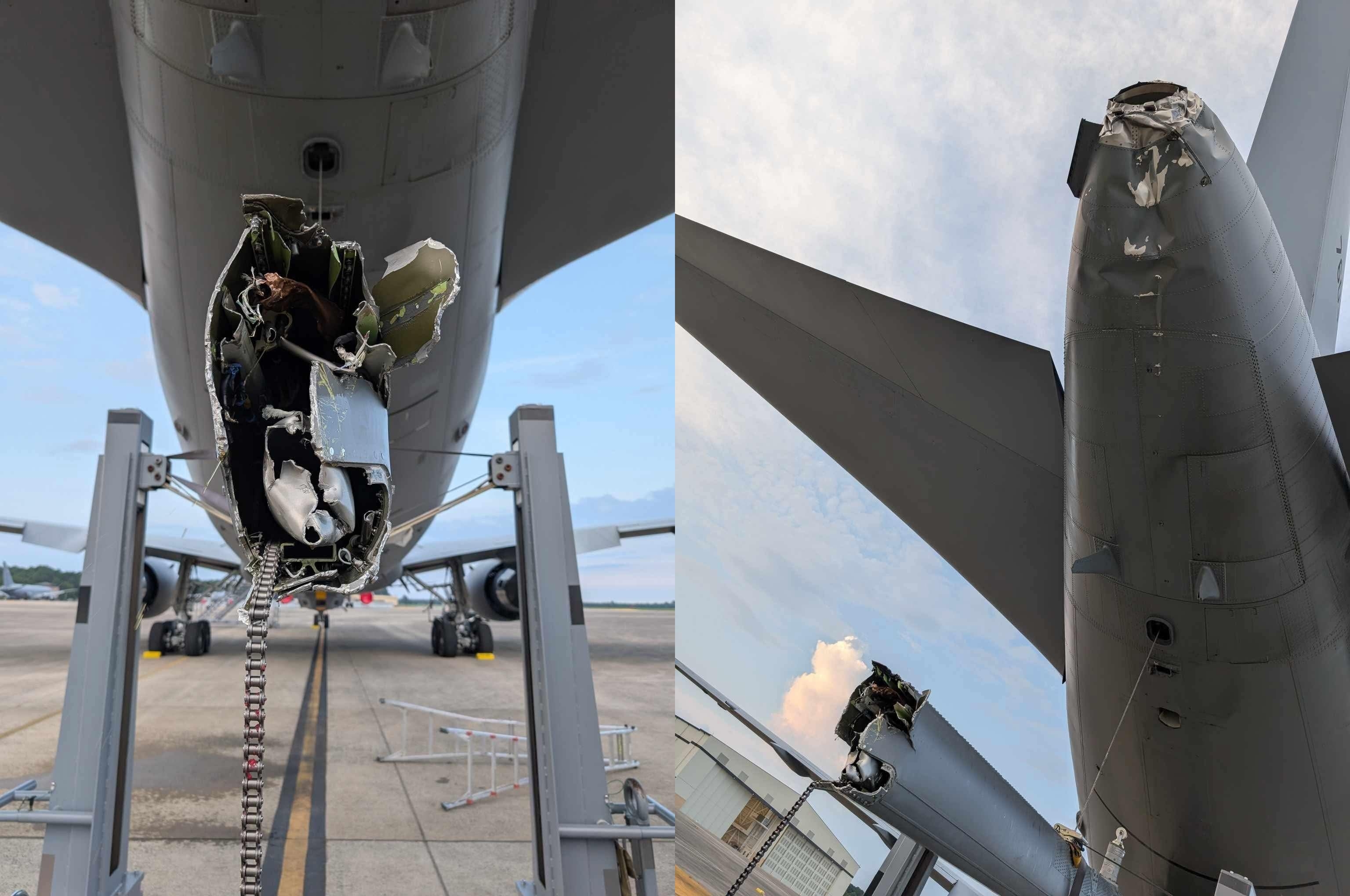 이번 공중급유 사고로 파손된 공중급유기 KC-46A. 이번 공중급유 사고로 파손된 공중급유기 KC-46A.