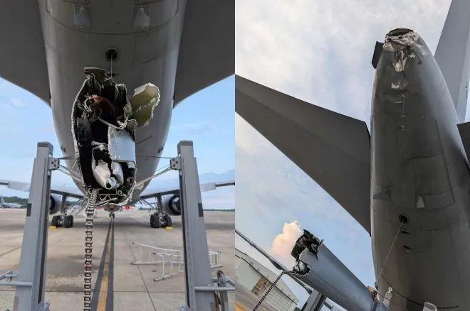 이번 공중급유 사고로 파손된 공중급유기 KC-46A. 이번 공중급유 사고로 파손된 공중급유기 KC-46A.