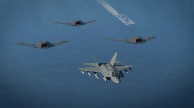 KF-21 보라매 전투기와 이를 보좌하는 전투 드론을 묘사한 이미지. 출처=방위사업청 KF-21 보라매 전투기와 이를 보좌하는 전투 드론을 묘사한 이미지. 출처=방위사업청