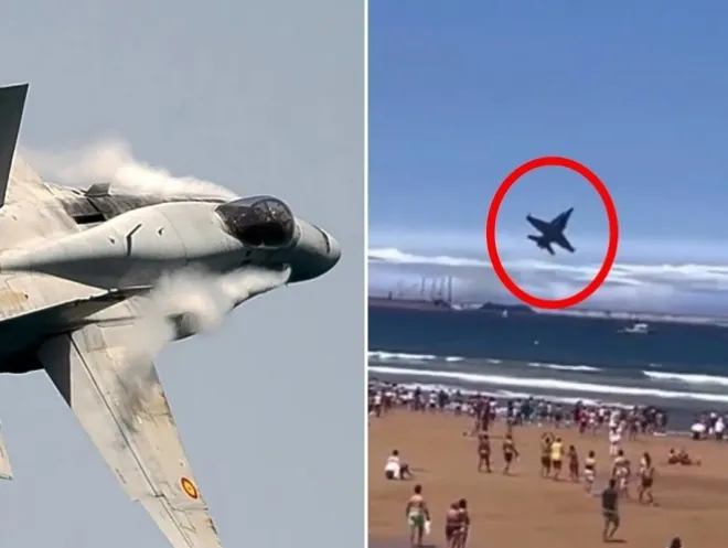 스페인 현지시간으로 지난 27일 스페인 공군 F/A-18 호넷 전투기가 해변 에어쇼 도중 파도와 거의 충돌할 뻔한 사고(오른쪽)가 발생했다. 엑스 캡처. 왼쪽은 F/A-18 호넷 전투기 자료사진 스페인 현지시간으로 지난 27일 스페인 공군 F/A-18 호넷 전투기가 해변 에어쇼 도중 파도와 거의 충돌할 뻔한 사고(오른쪽)가 발생했다. 엑스 캡처. 왼쪽은 F/A-18 호넷 전투기 자료사진
