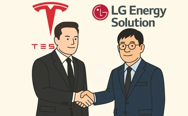 일론 머스크(왼쪽) 테슬라 최고경영자(CEO)와 김동명 LG에너지솔루션 대표이사가 악수하는 그래픽.코파일럿 일론 머스크(왼쪽) 테슬라 최고경영자(CEO)와 김동명 LG에너지솔루션 대표이사가 악수하는 그래픽.코파일럿