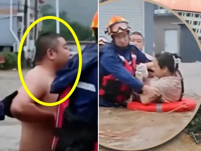지난달 28일(현지시간) 중국 톈진시에 돌발 홍수가 발생했을 때, 아내(오른쪽)를 먼저 구조해달라고 요청한 남편(왼쪽). SCMP 캡처