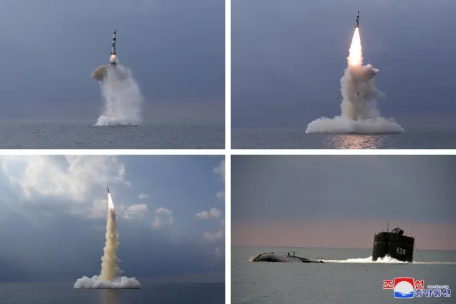북한이 2021년 10월 19일 고래급(신포급) 잠수함에서 단거리 탄도미사일(SRBM) KN-23을 수중 발사하는 장면. 조선중앙통신은 이를 ‘신형 잠수함발사탄도미사일(SLBM)’이라고 보도했지만, 전문가들은 군사적 의미보다는 남한의 SLBM 시험 발사에 대한 정치적 대응 성격이 강하다고 분석했다. 출처=조선중앙통신