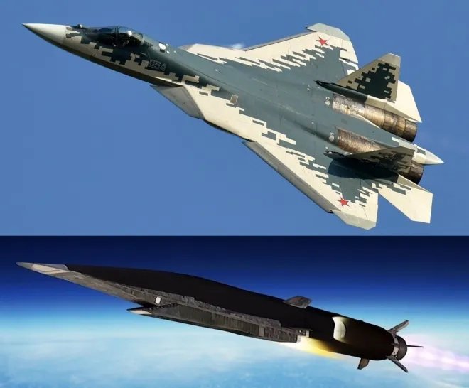 러시아 Su-57 전투기와 극초음속 순항미사일 지르콘의 그래픽 이미지. 자료사진