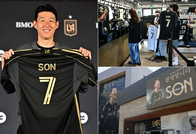 LAFC 유니폼을 들고 포즈를 취한 손흥민(왼쪽 사진)과 입단 발표 직후 LAFC 공식 스토어에서 유니폼을 구매하는 팬들(오른쪽 위), BMO 스타디움 외벽에 걸린 환영 현수막(오른쪽 아래). 손흥민은 6일(현지시간) 미국 메이저리그사커(MLS) 로스앤젤레스FC(LAFC) 입단을 공식 발표했다.  AFP·EPA 연합뉴스