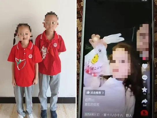 숨지기 전 마지막으로 찍힌 두 남매의 모습(왼쪽)과 사건 직전 아버지가 올린 SNS 영상 화면(오른쪽). 중국 구이저우성에서 이혼 숙려기간 중 친아버지가 두 자녀에게 독극물을 먹여 숨지게 한 사건은 중국 사회에 큰 충격을 안겼다. 출처=지무신문