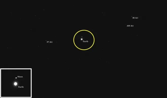 프시케 탐사선이 촬영한 지구와 달(원안). NASA/JPL-Caltech/ASU 프시케 탐사선이 촬영한 지구와 달(원안). NASA/JPL-Caltech/ASU