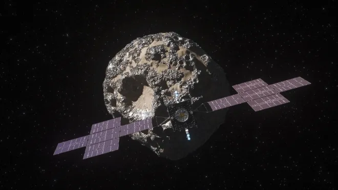 소행성 프시케를 탐사하는 탐사선 프시케 그래픽 이미지. NASA/JPL-Caltech/ASU 소행성 프시케를 탐사하는 탐사선 프시케 그래픽 이미지. NASA/JPL-Caltech/ASU