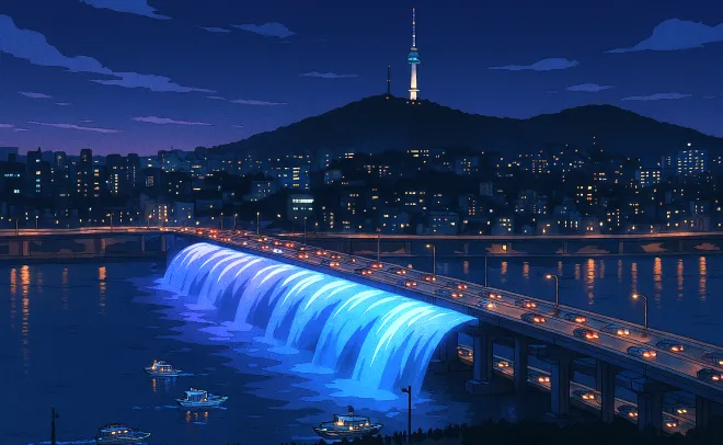 서울 반포대교 달빛무지개분수의 애니메이션 이미지. 서울시·코파일럿