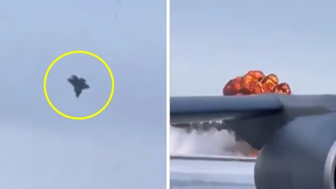 알래스카 에일슨 공군기지 상공에서 추락한 미 공군 F-35 전투기. 기체는 곧바로 폭발하며 전소했고 조종사는 긴급 탈출했다. 출처=엑스