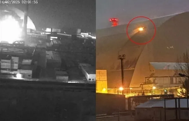 지난 2월 14일 체르노빌 원전 격납시설에서 폭발이 일어나는 장면과 지붕에 구멍이 뚫린 모습. AP 연합뉴스 지난 2월 14일 체르노빌 원전 격납시설에서 폭발이 일어나는 장면과 지붕에 구멍이 뚫린 모습. AP 연합뉴스