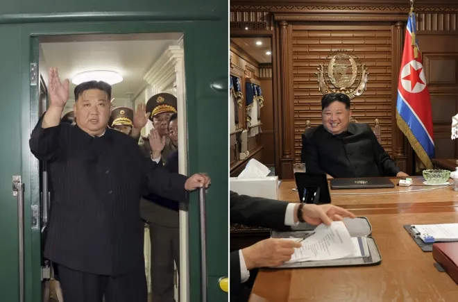 김정은 북한 국무위원장이 2023년 9월 10일 평양역에서 전용열차 ‘태양호’ 출입문 앞에 서서 손을 흔들고 있다(왼쪽). 오른쪽은 2025년 9월 1일 ‘태양호’ 내부 집무실에서 간부들과 회의를 주재하며 환하게 웃는 모습. 조선중앙통신 연합뉴스