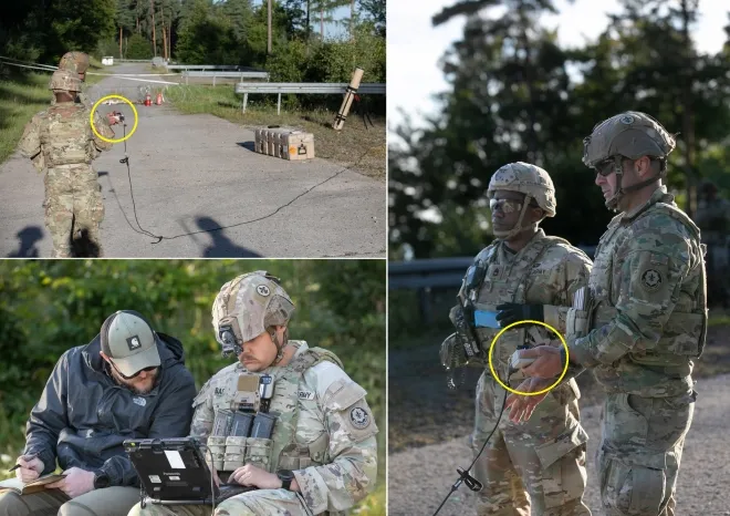 스위치블레이드 600 운용 장면. 왼쪽 위는 병사가 손에 쥔 발사 장치(노란 원 표시)와 발사관, 오른쪽은 같은 발사 장치를 앞에서 바라본 모습, 왼쪽 아래는 또 다른 병사가 태블릿 기반 조종 장치를 사용하는 장면이다. 발사와 조종 체계가 분리돼 병사는 은폐된 상태에서 드론을 발사하고 통제할 수 있다. 사진=미 육군