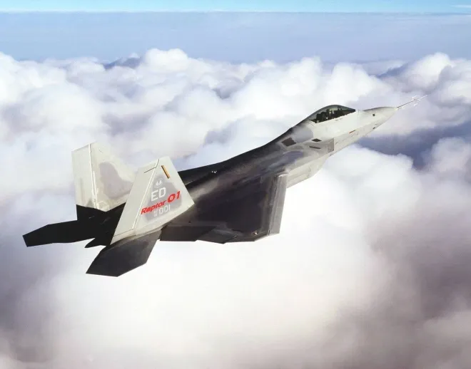 ‘랩터 01’ 꼬리마크가 붙은 F-22 초기 시제기가 시험 비행을 하고 있다. 미 국방부 제공