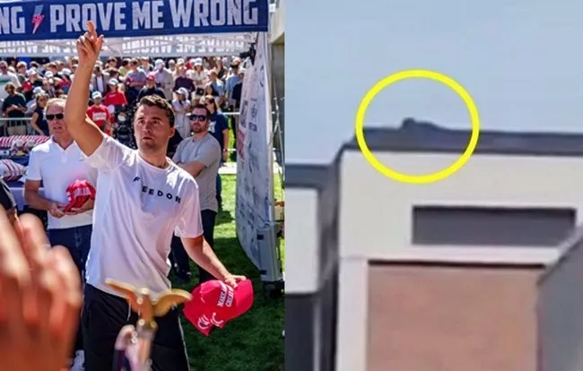 10일 연설 중 손을 들어 화답하는 찰리 커크와 총격을 가한 것으로 추정되는 용의자 모습. 로이터 연합뉴스