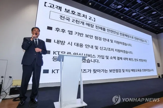 김영걸 KT 서비스프로덕트 본부장이 18일 서울 종로구 KT광화문빌딩에서 열린 KT 소액결제 피해 관련 대응 현황 발표 기자회견에서 고객 보호 조치를 설명하고 있다. 2025.9.18 연합뉴스 김영걸 KT 서비스프로덕트 본부장이 18일 서울 종로구 KT광화문빌딩에서 열린 KT 소액결제 피해 관련 대응 현황 발표 기자회견에서 고객 보호 조치를 설명하고 있다. 2025.9.18 연합뉴스