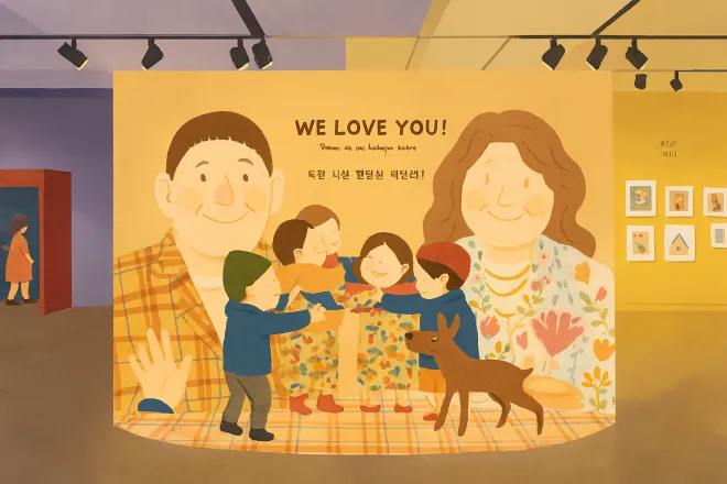 ‘앤서니 브라운展’ 대표작 우리가족(We Love You, Our Family)이 전시장 벽면을 가득 채우며 관람객들에게 따뜻한 인상을 전한다. 코파일럿
