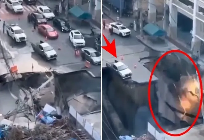 태국 현지시간으로 24일 오전 7시 15분쯤 방콕 바지라 대학병원 앞 삼센 로드 구간에서 도로 전체가 내려앉는 사고가 발생했다. 엑스 영상 캡처