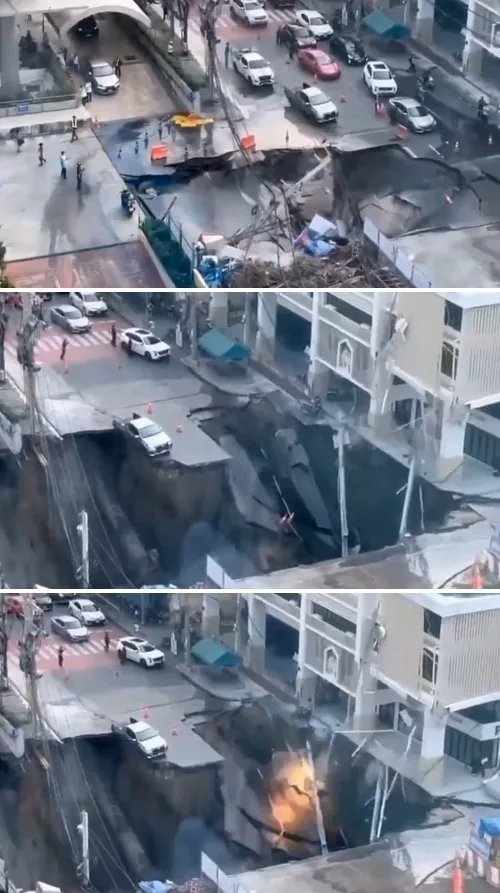 태국 현지시간으로 24일 오전 7시 15분쯤 방콕 바지라 대학병원 앞 삼센 로드 구간에서 도로 전체가 내려앉는 사고가 발생했다. 엑스 영상 캡처