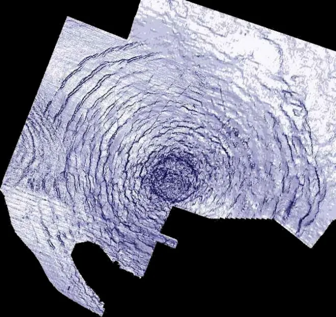 실버핏 크레이터의 지진파 이미지. Credit and copyright: Phil Allen (Production Geoscience Ltd) and Simon Stewart (BP))