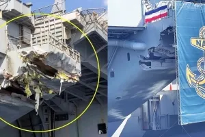 트럼프 볼까 봐…美 항모 트루먼 호, 파손 부위 못 고치고 현수막 은폐