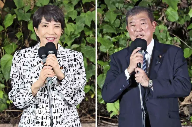 왼쪽부터 다카이치 사나에 자민당 신임 총재, 이시바 시게루 일본 총리 자료사진 왼쪽부터 다카이치 사나에 자민당 신임 총재, 이시바 시게루 일본 총리 자료사진