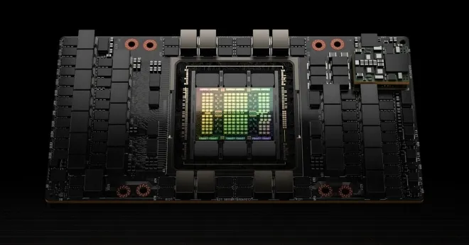 엔비디아의 H100 텐서 코어 GPU. 대규모 AI 연산에 최적화된 이 칩은 현재 전 세계 데이터센터에서 핵심 프로세서로 사용되고 있으며, 중국 연구진이 개발한 아날로그 칩의 성능 비교 기준으로 언급됐다. 출처=엔비디아 엔비디아의 H100 텐서 코어 GPU. 대규모 AI 연산에 최적화된 이 칩은 현재 전 세계 데이터센터에서 핵심 프로세서로 사용되고 있으며, 중국 연구진이 개발한 아날로그 칩의 성능 비교 기준으로 언급됐다. 출처=엔비디아