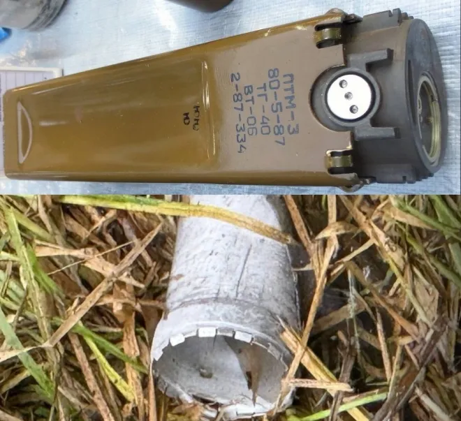 PTM-3 대전차지뢰와 폭발 현장에서 발견된 대전차 지뢰