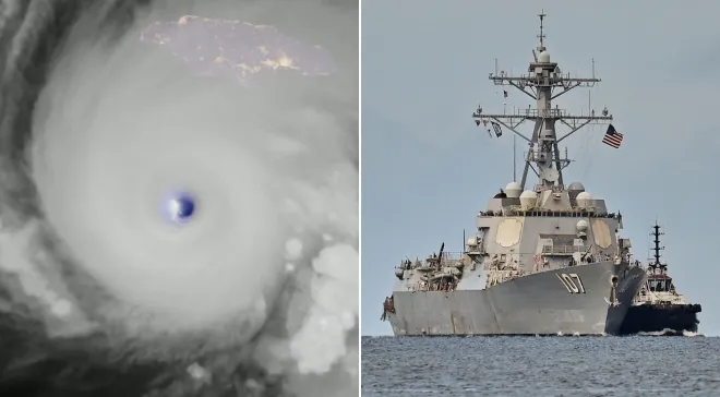 왼쪽은 10월 27일 위성영상에 포착된 초강력 5등급 허리케인 ‘멀리사’의 중심부로, 폭풍이 자메이카 서쪽으로 이동하고 있다. 오른쪽은 미국 구축함 그래블리함이 10월 26일(현지시간) 트리니다드토바고 포트오브스페인 항에 입항하는 모습이다. 허리케인 접근으로 미 해군 전단 일부는 항로를 조정했으며 카리브해 일대에서는 미군의 마약 단속 작전이 계속 진행 중이다. CSU/CIRA &amp; NOAA · AP 연합뉴스