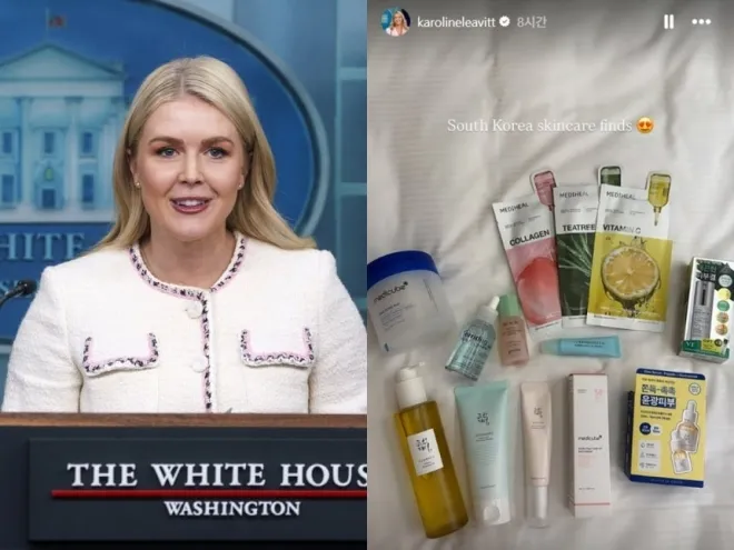 캐롤라인 레빗 백악관 대변인(왼쪽)이 인스타그램에 올린 한국 화장품 인증샷(오른쪽). 레빗 대변인 인스타그램 캡처